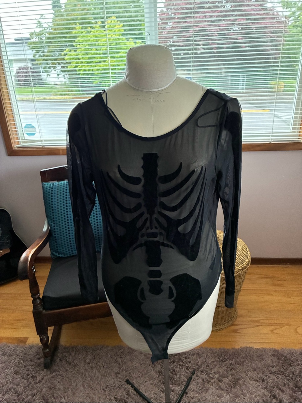 H&M Black Sheer Skeleton Burnout Long Sleeve Bodysuit